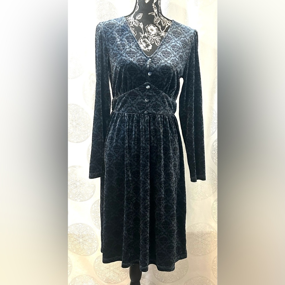 Anany Navy Blue Damask Velvet Long Sleeve Corset Goth Midi Dress Women’s S